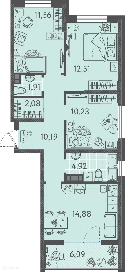 Планировка: 3-комн. квартира 70.65 м² в новостройке Друзья