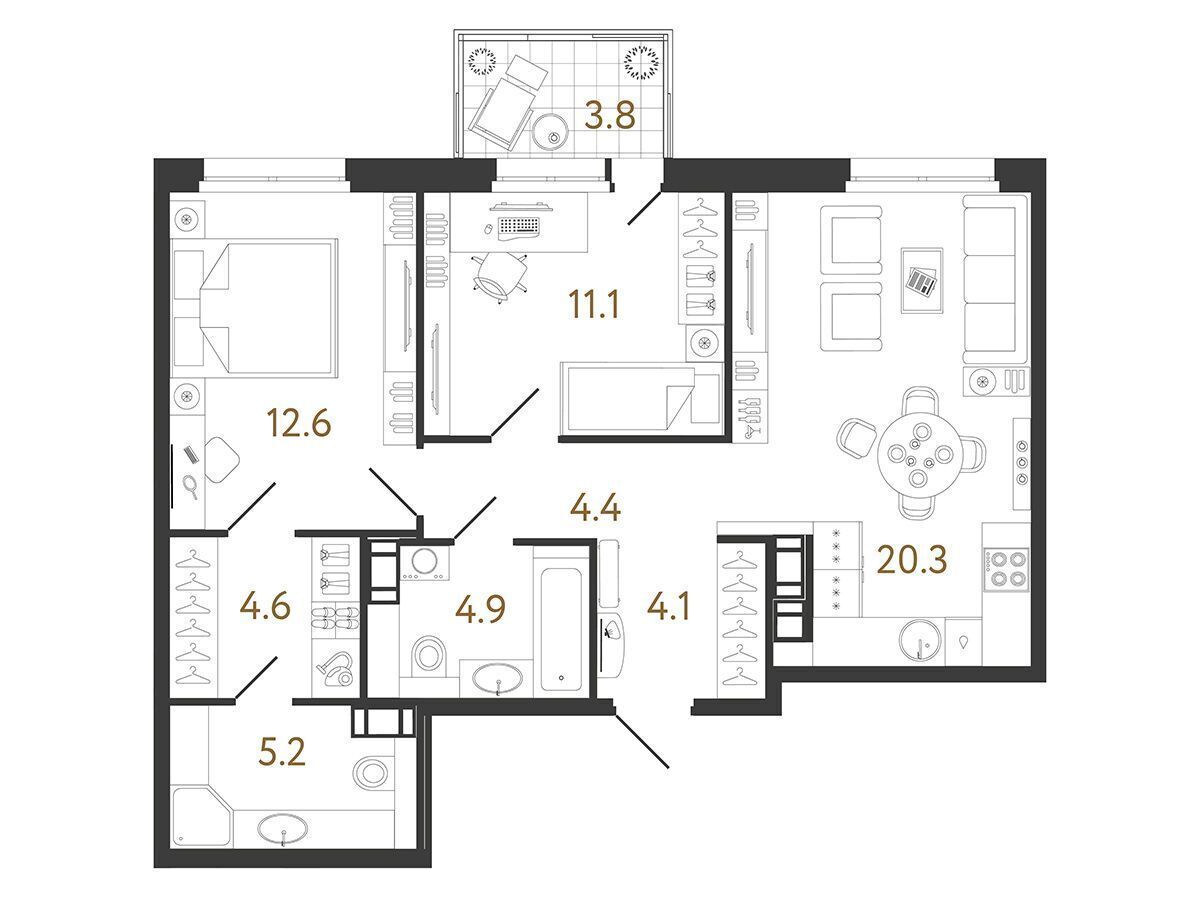 Планировка: 2-комн. квартира 67.10 м² в новостройке Куинджи