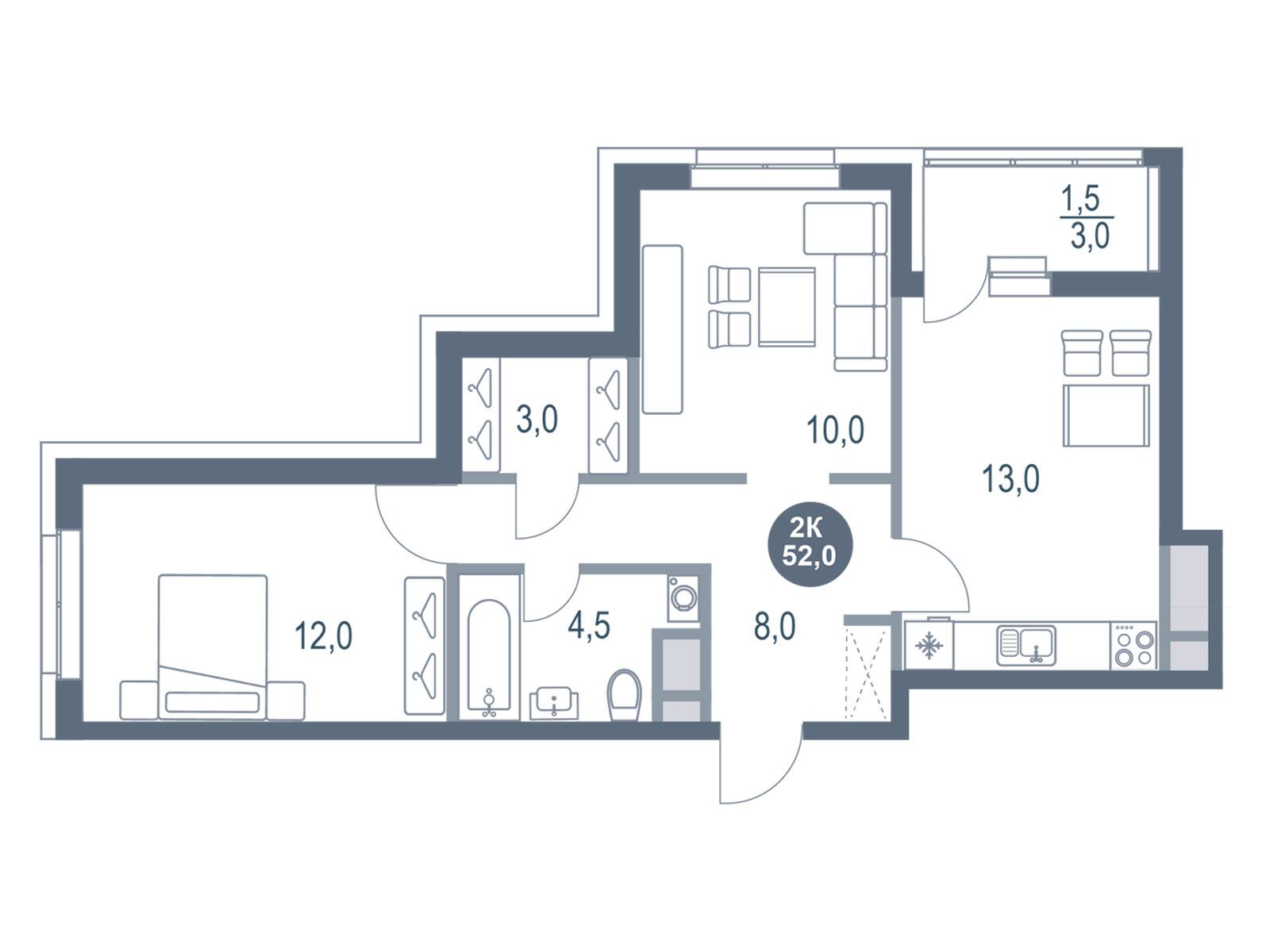 Планировка: 2-комн. квартира 52.00 м² в новостройке Русич Котельники парк