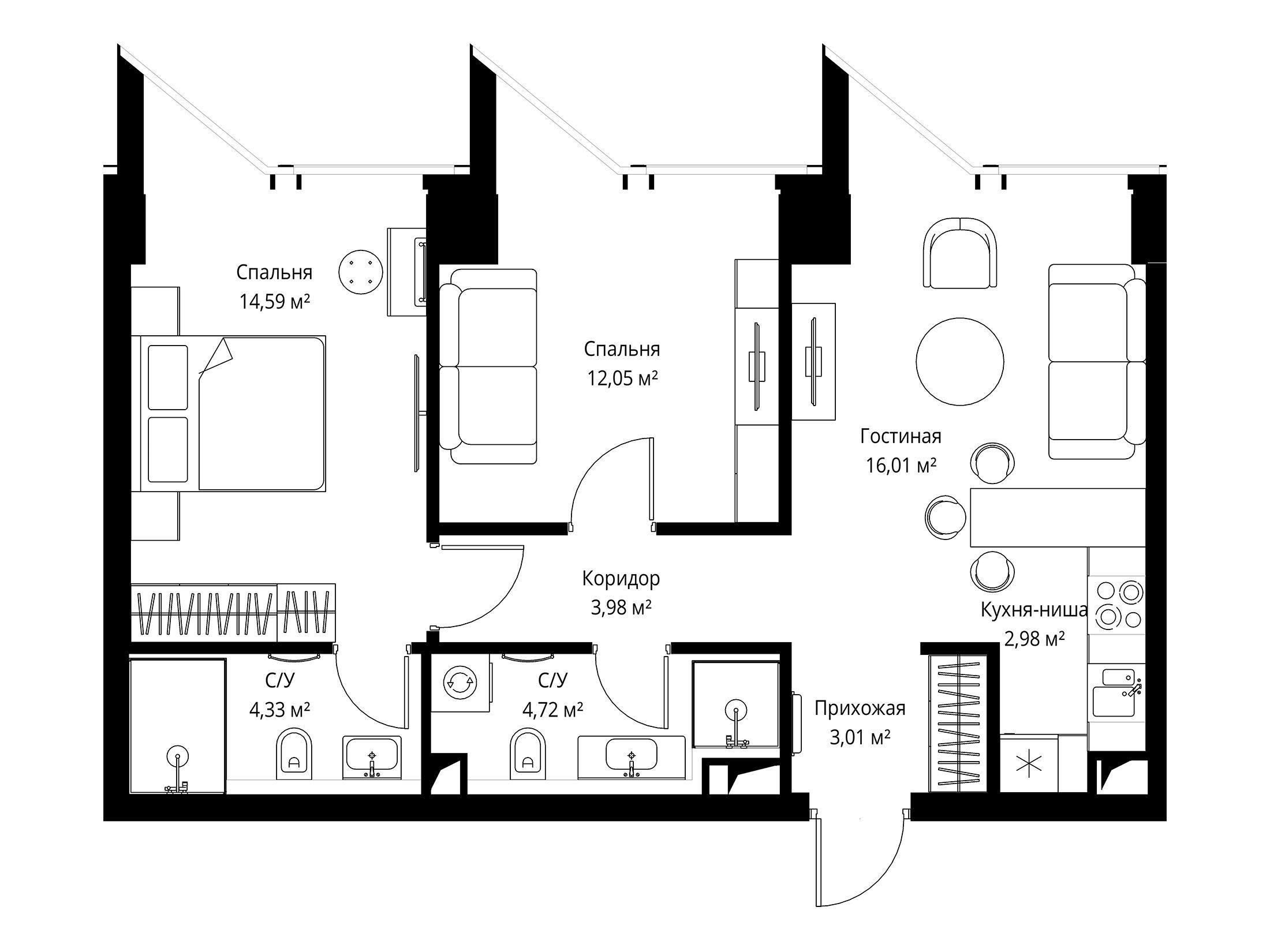 Планировка: 2-комн. квартира 61.40 м² в новостройке ЖК Феймос