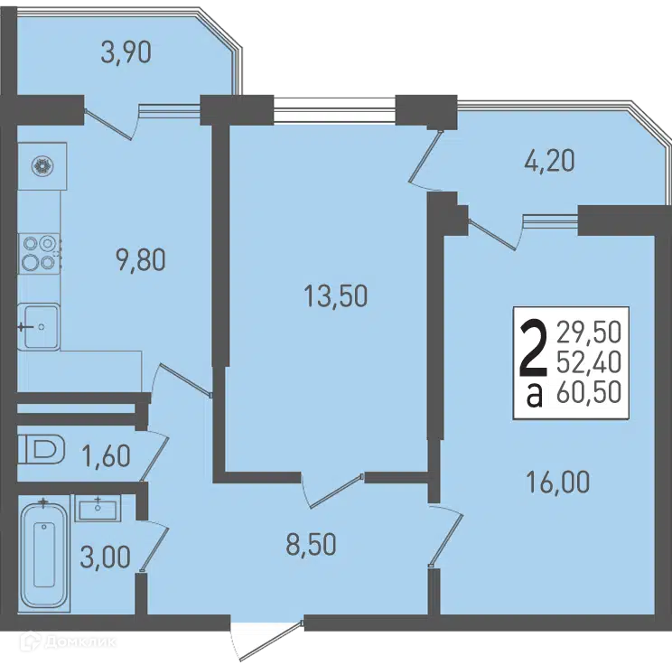 Планировка: 2-комн. квартира 60.50 м² в новостройке Огурцы