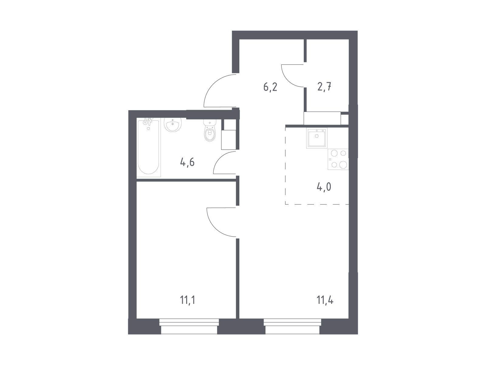 Планировка: 1-комн. квартира 38.50 м² в новостройке Эко Бунино