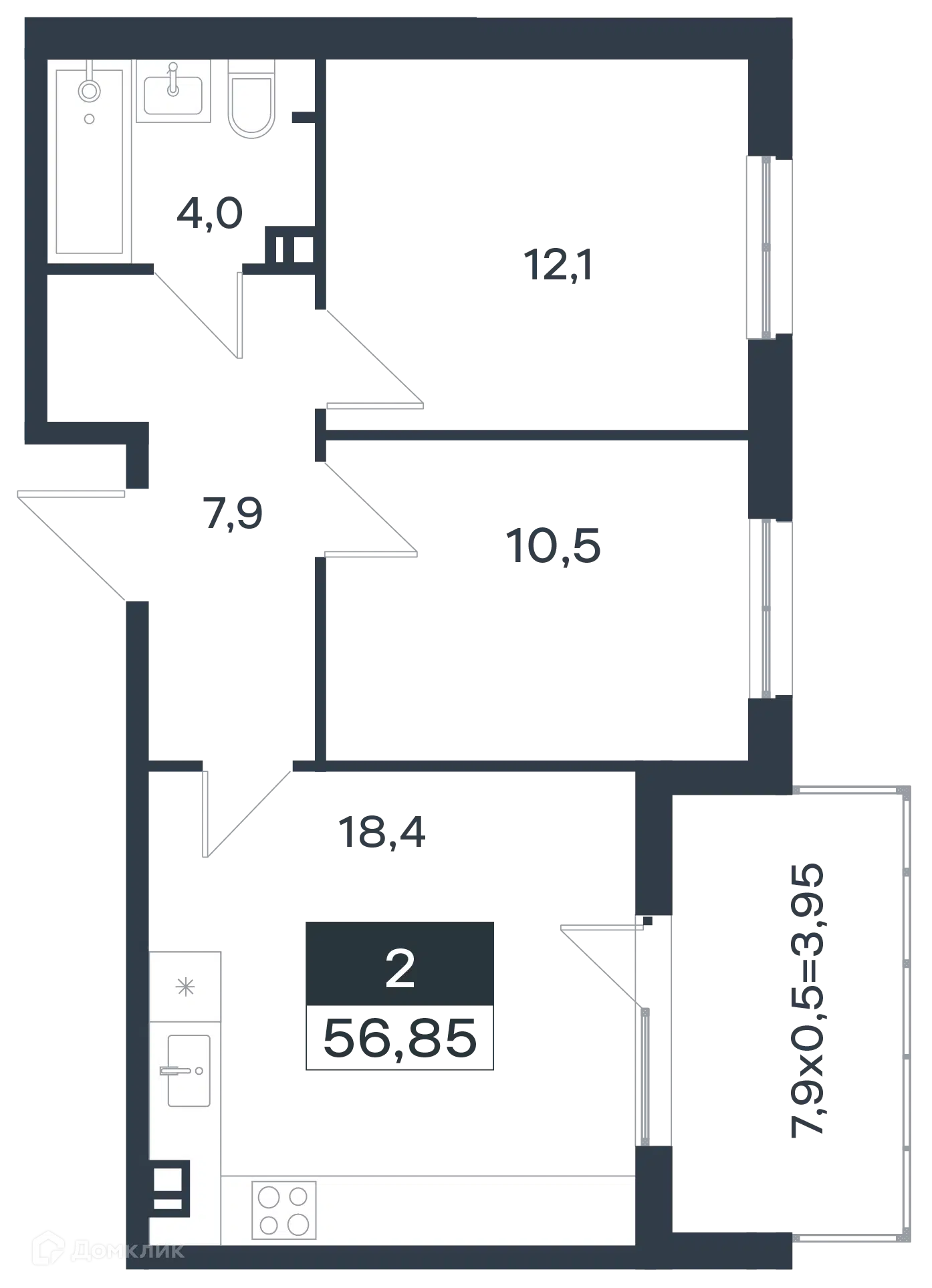 Планировка: 2-комн. квартира 57.15 м² в новостройке Новая Елизаветка