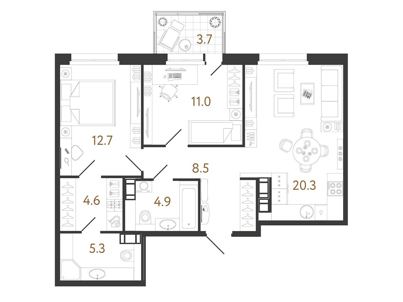 Планировка: 2-комн. квартира 67.30 м² в новостройке Куинджи