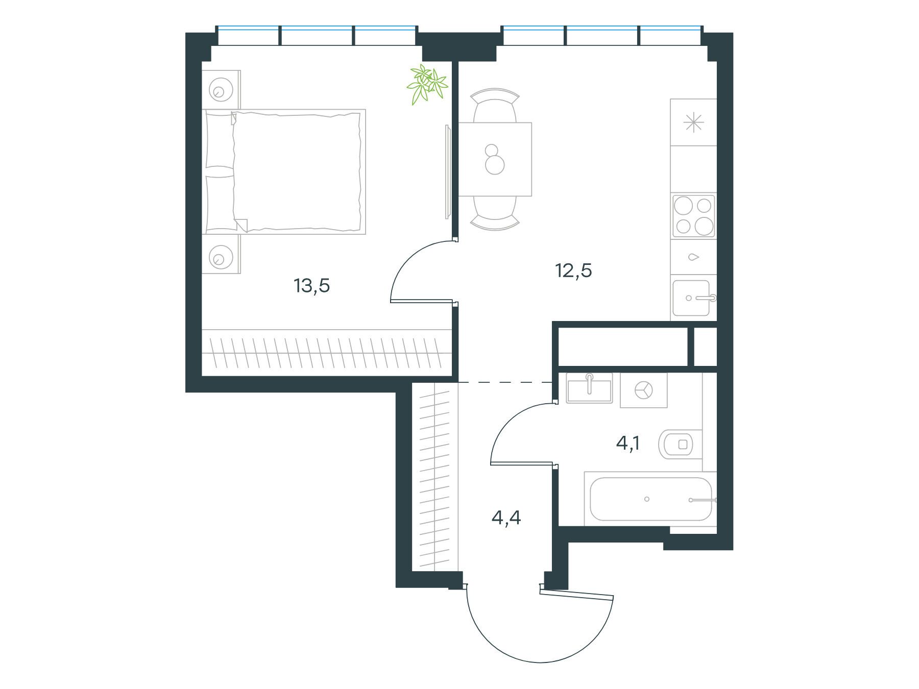 Планировка: 1-комн. квартира 34.50 м² в новостройке Левел Мичуринский