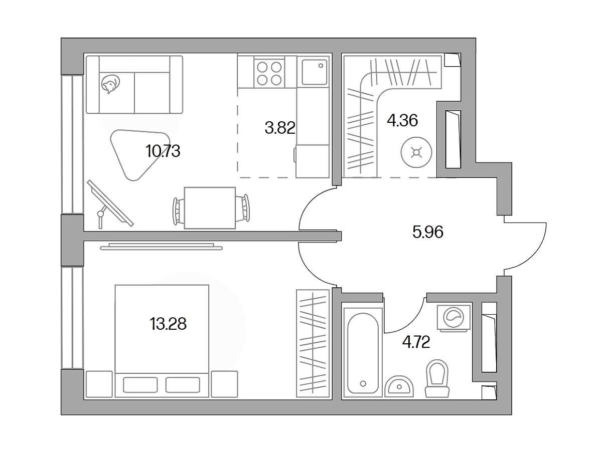 Планировка: 2-комн. квартира 42.87 м² в новостройке Тринити