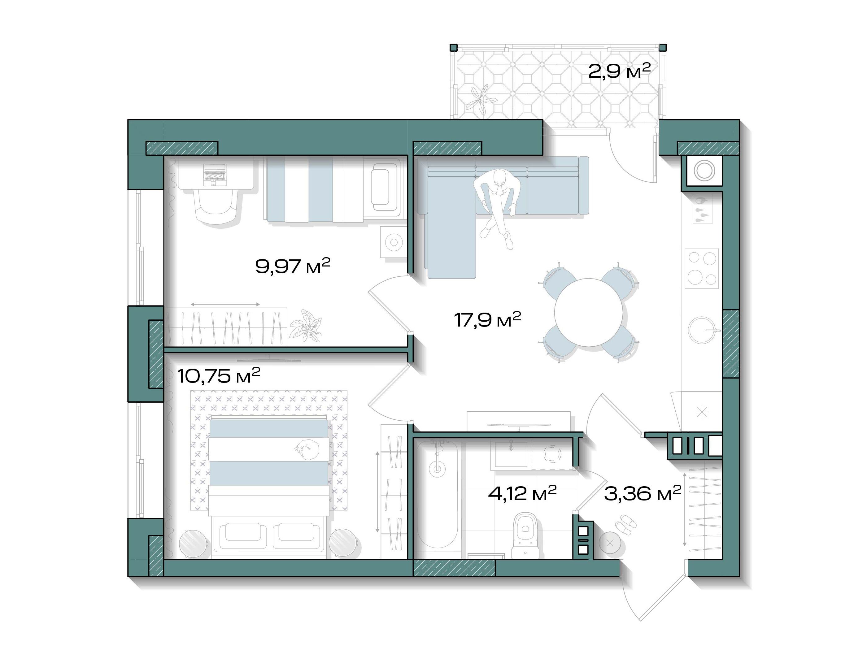 Планировка: 2-комн. квартира 46.97 м² в новостройке Аксиома. Возрождение