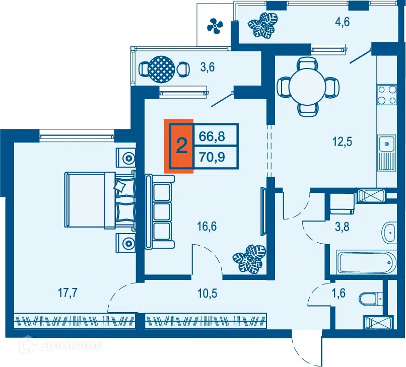 Планировка: 2-комн. квартира 66.80 м² в новостройке Дом у озера