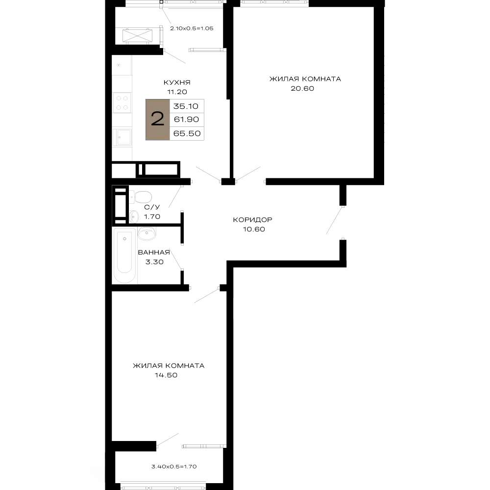 Планировка: 2-комн. квартира 65.40 м² в новостройке Сердце