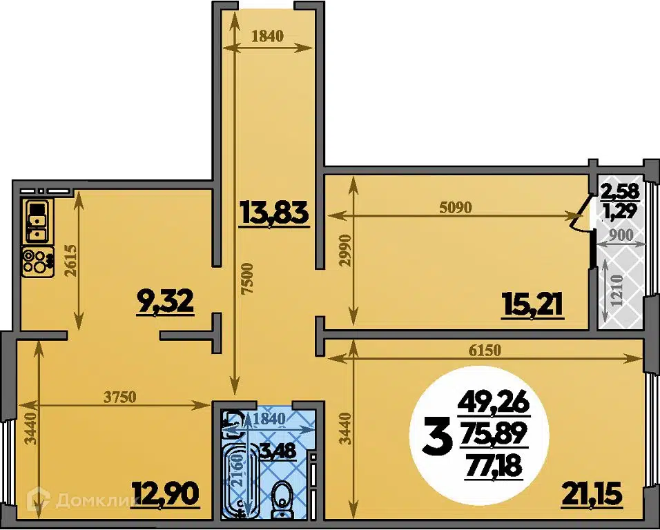 Планировка: 3-комн. квартира 77.18 м² в новостройке Молодежный 2 