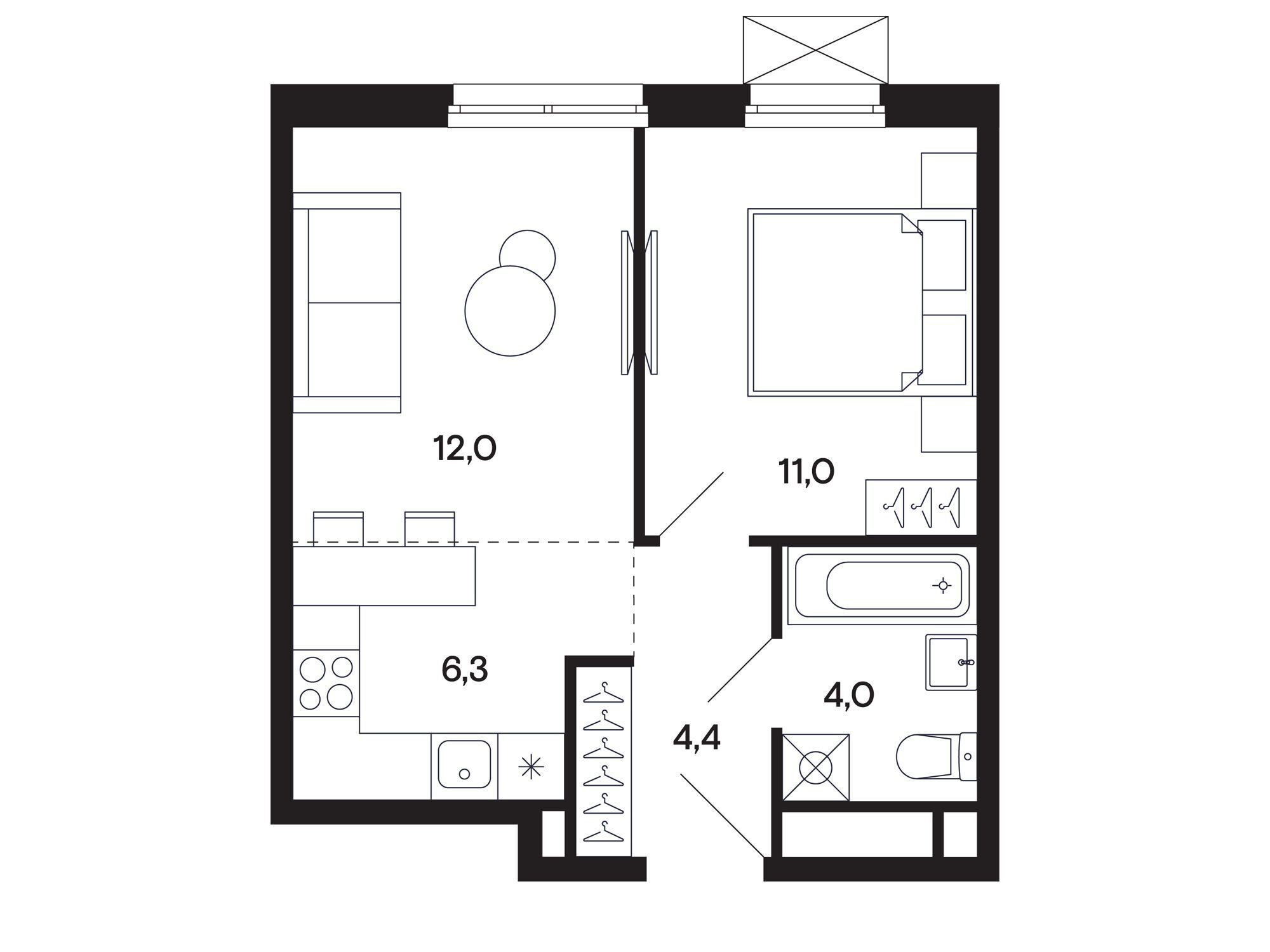 Планировка: 1-комн. квартира 37.95 м² в новостройке Базаева 11