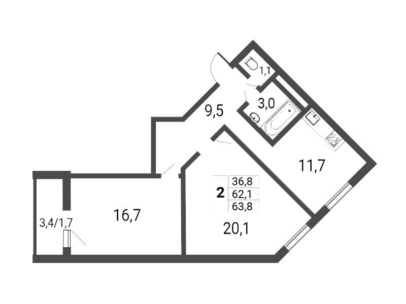 Планировка: 2-комн. квартира 63.80 м² в новостройке Некрасовка