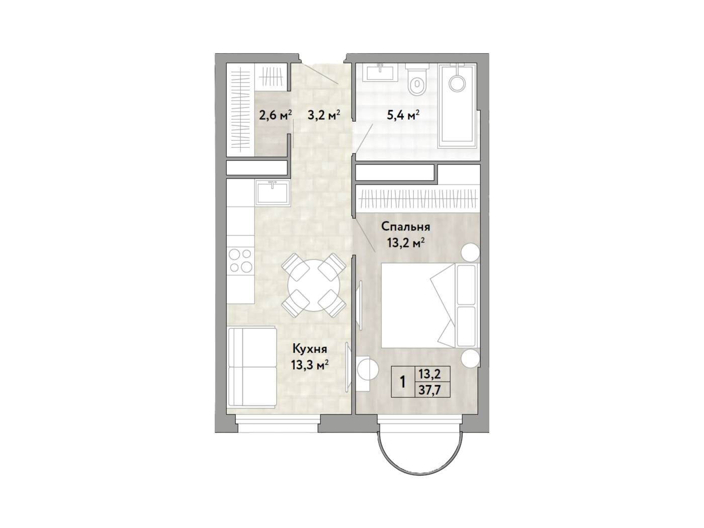Планировка: 1-комн. квартира 37.70 м² в новостройке Новые смыслы