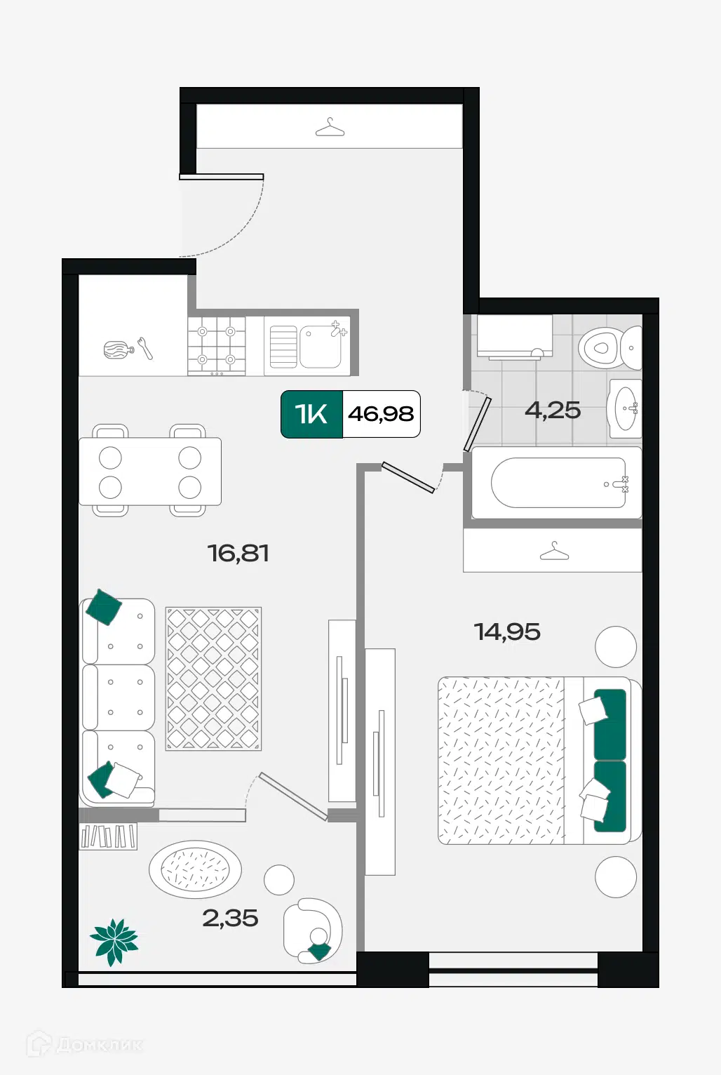 Планировка: 1-комн. квартира 46.79 м² в новостройке Народные Кварталы