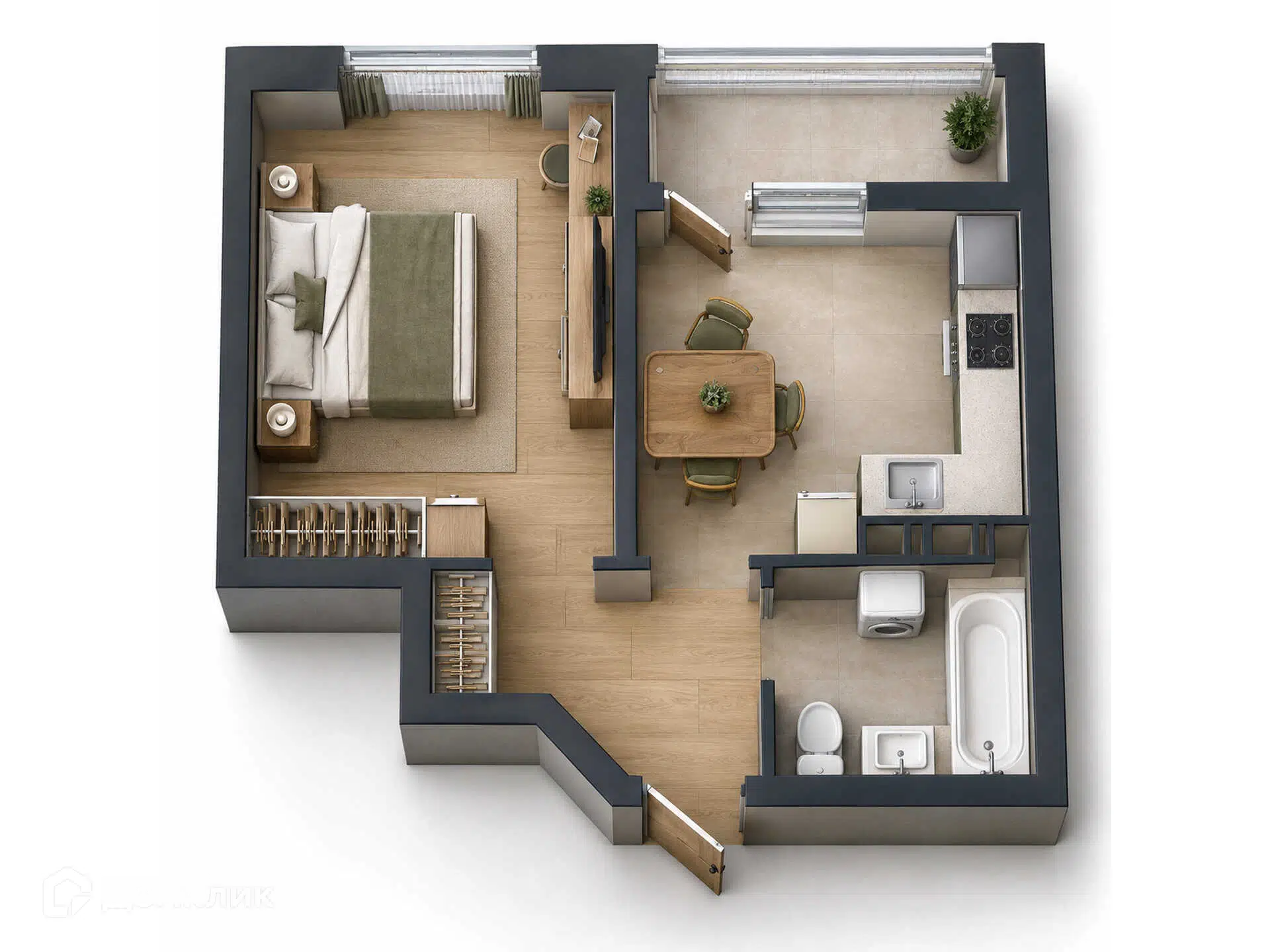 Планировка: 1-комн. квартира 33.20 м² в новостройке Архитектор