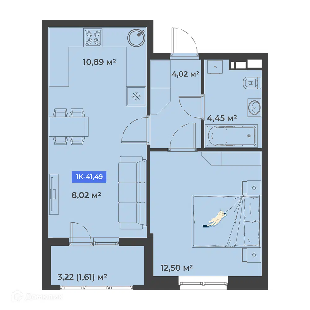 Планировка: 1-комн. квартира 41.49 м² в новостройке Соловей