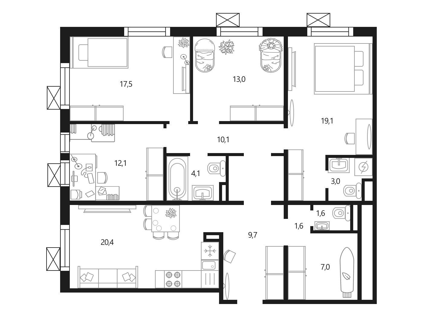 Планировка: 4-комн. квартира 119.20 м² в новостройке Мой адрес на Вертолетчиков