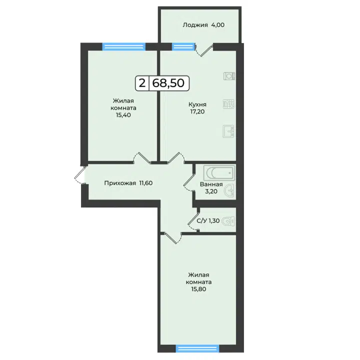 Планировка: 2-комн. квартира 68.50 м² в новостройке Европейский 5