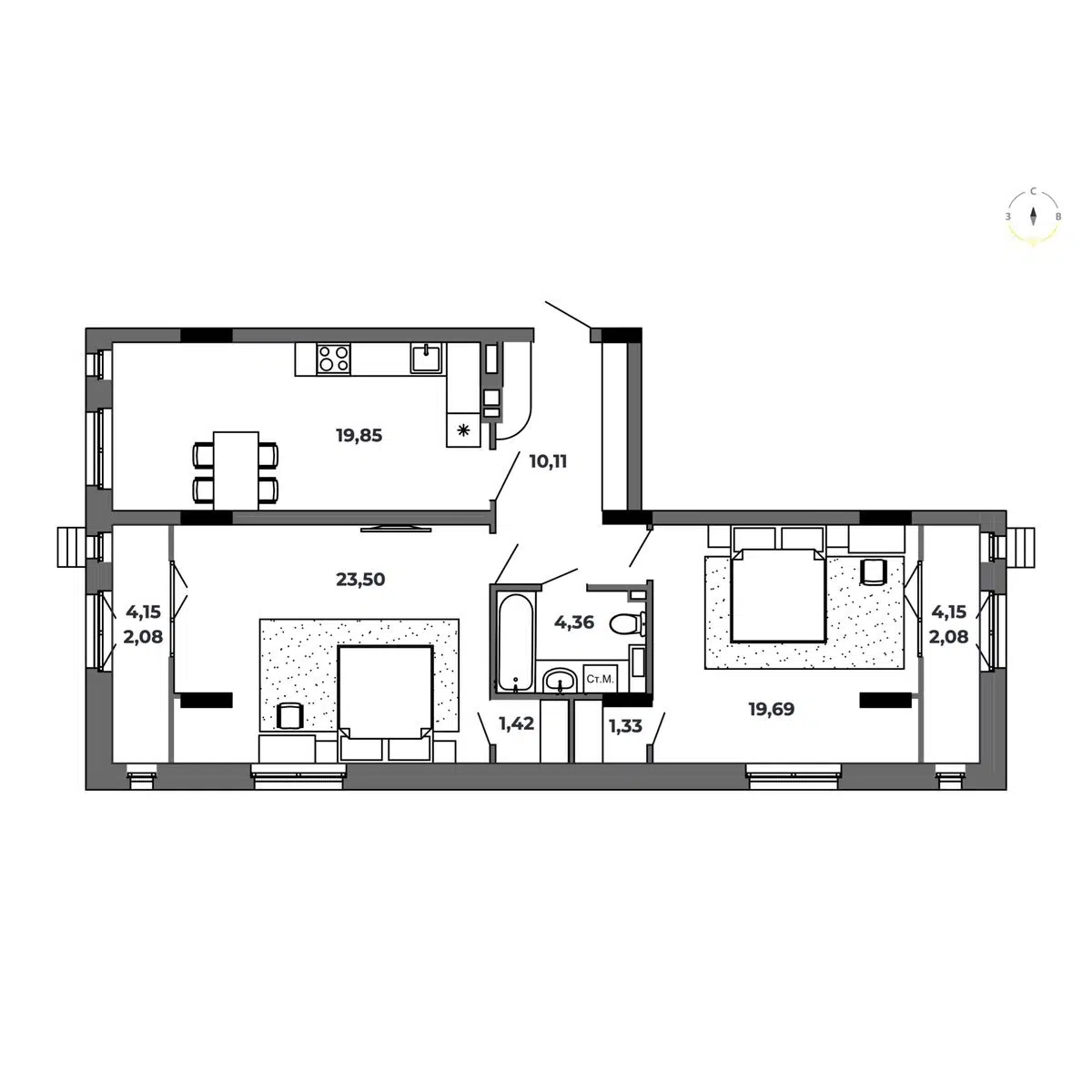 Планировка: 2-комн. квартира 84.41 м² в новостройке Красный Пахарь