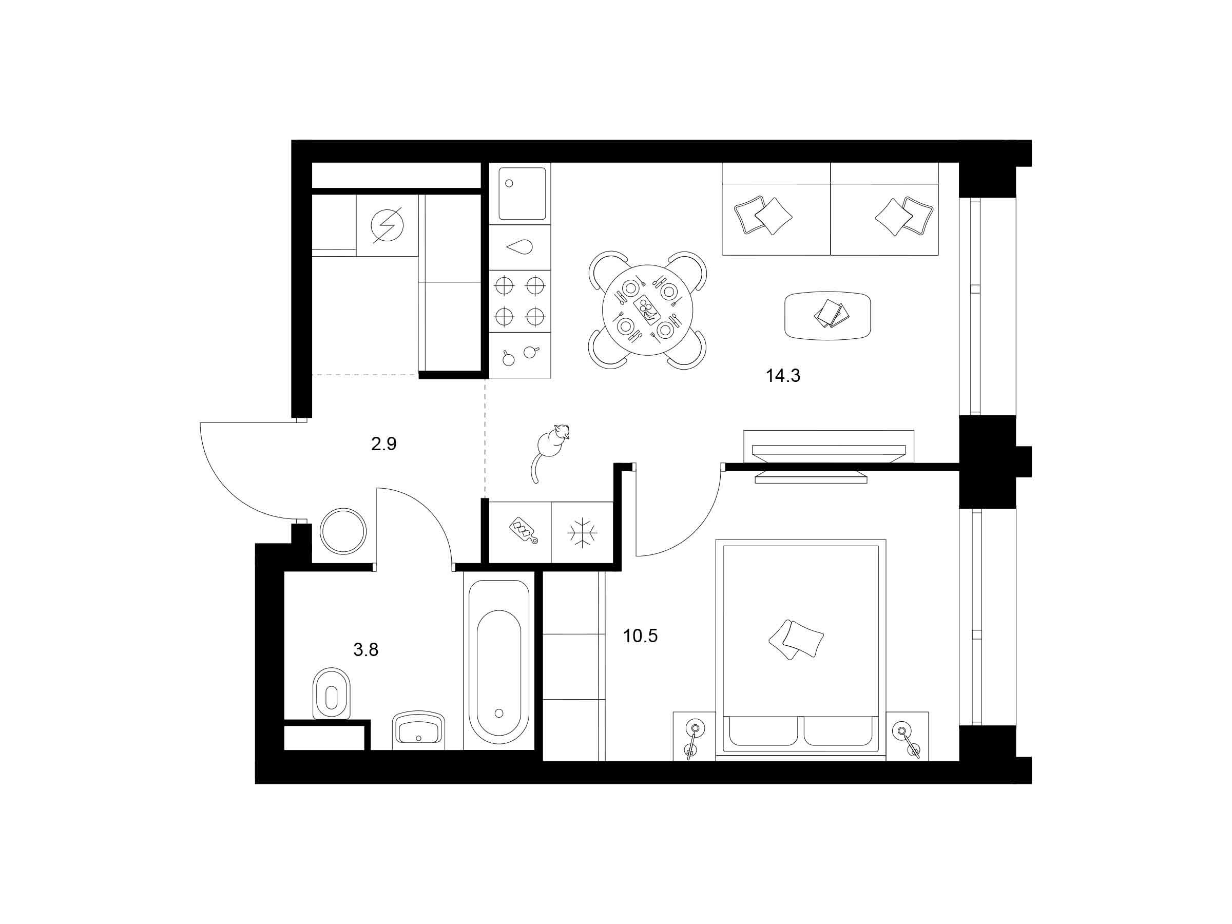 Планировка: 1-комн. квартира 34.20 м² в новостройке Строгино 360