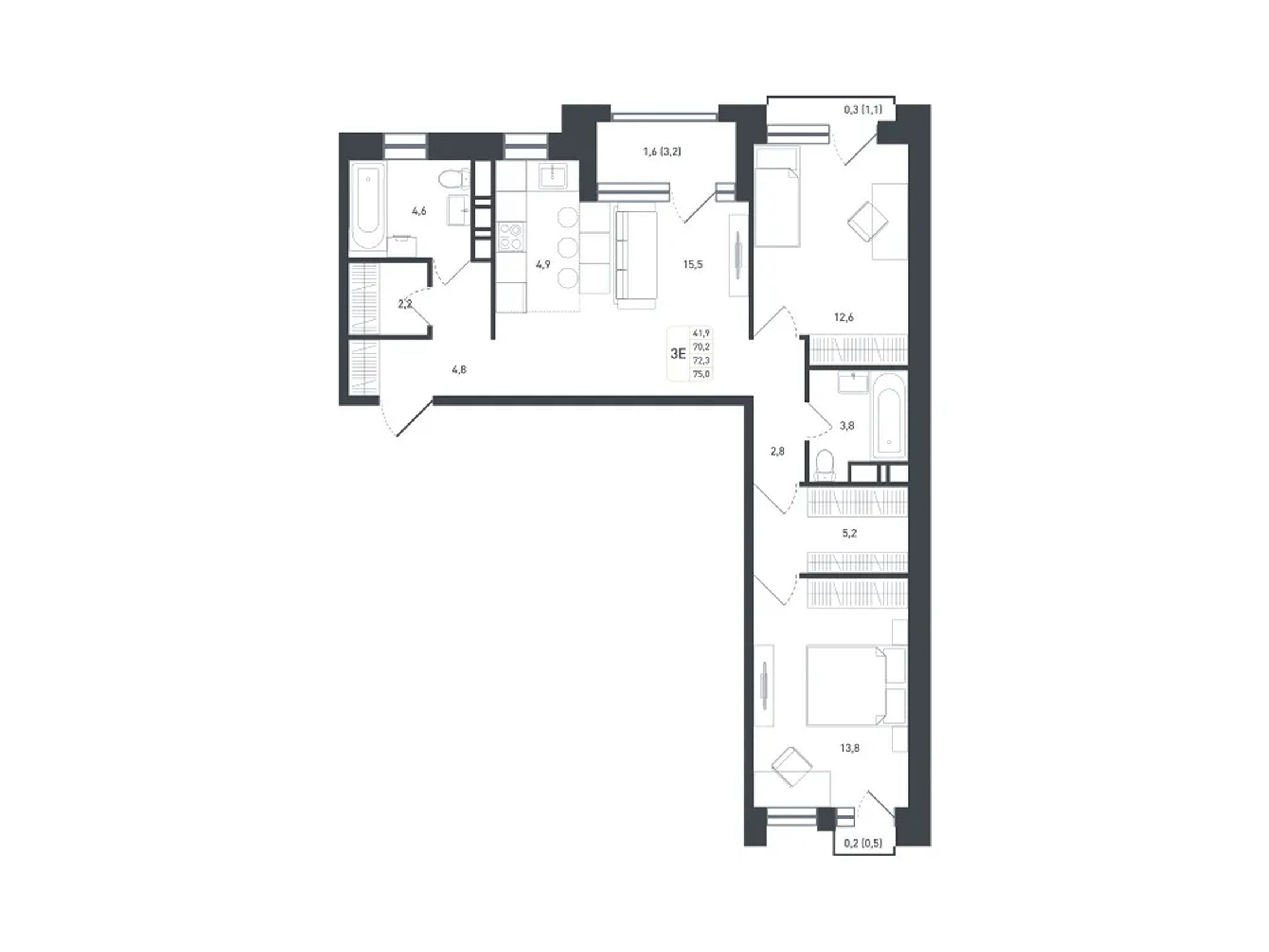 Планировка: 3-комн. квартира 75.90 м² в новостройке Новая Щербинка