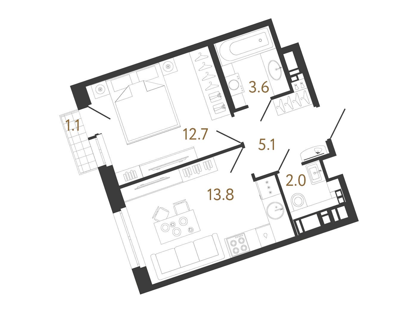 Планировка: 1-комн. квартира 37.20 м² в новостройке Литера