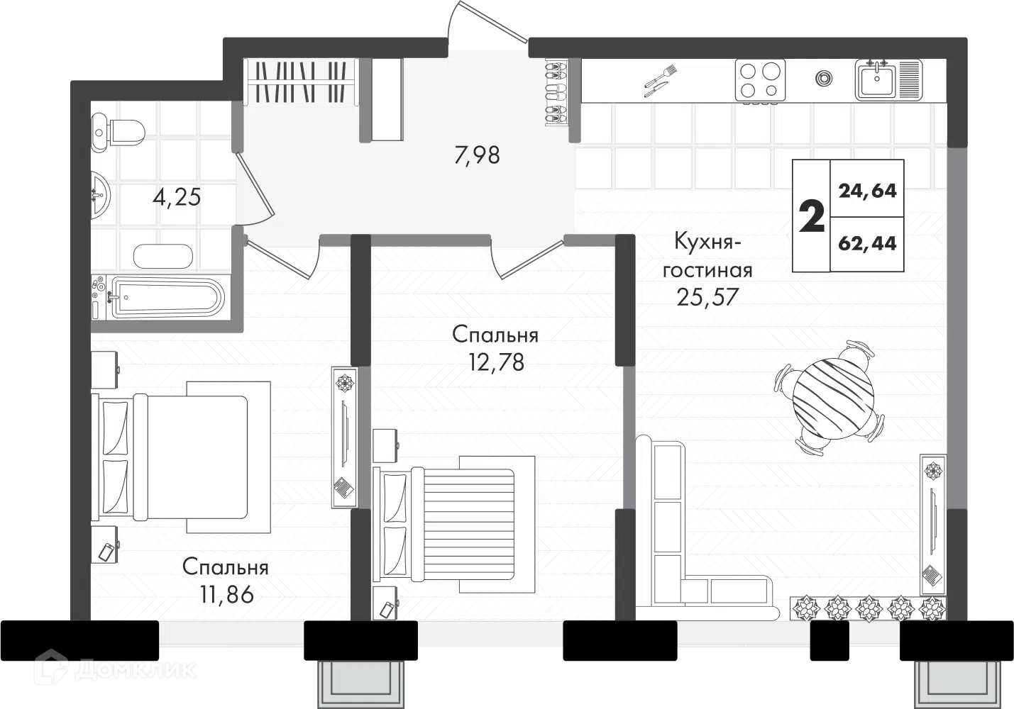 Планировка: 2-комн. квартира 62.44 м² в новостройке Зелёная территория
