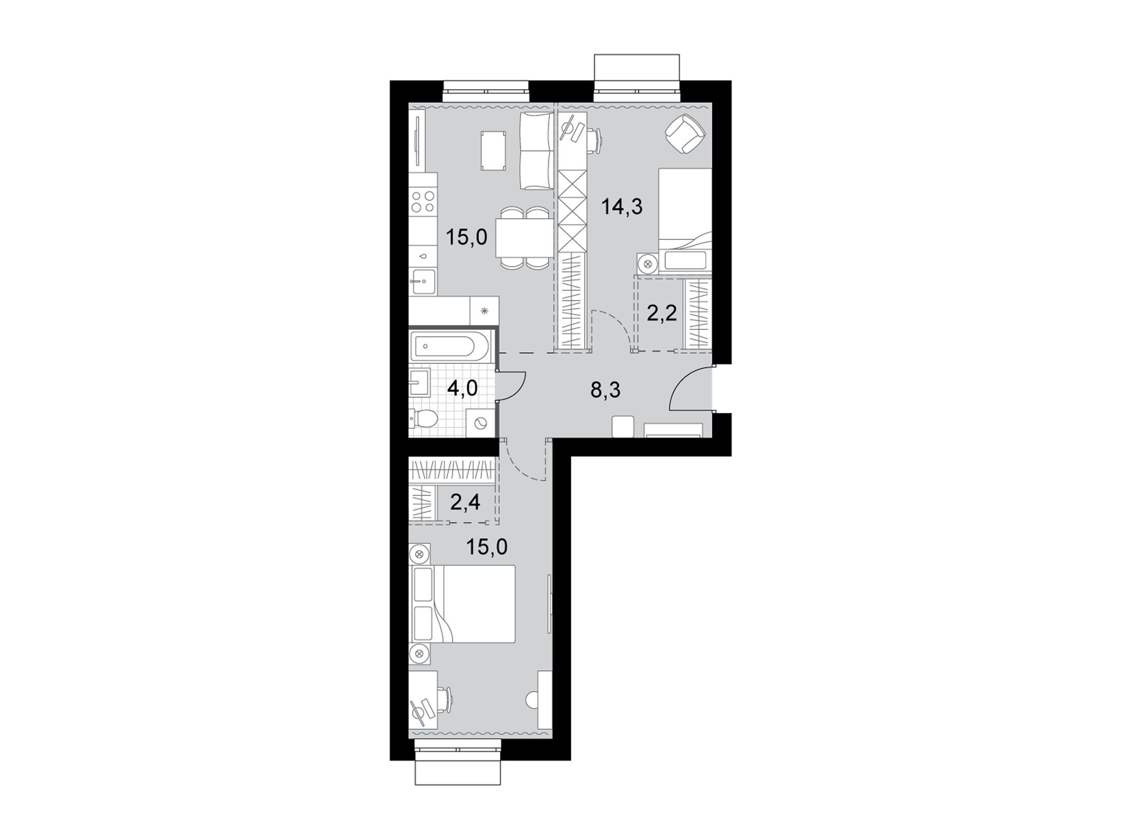 Планировка: 2-комн. квартира 61.20 м² в новостройке Дубровицы клаб