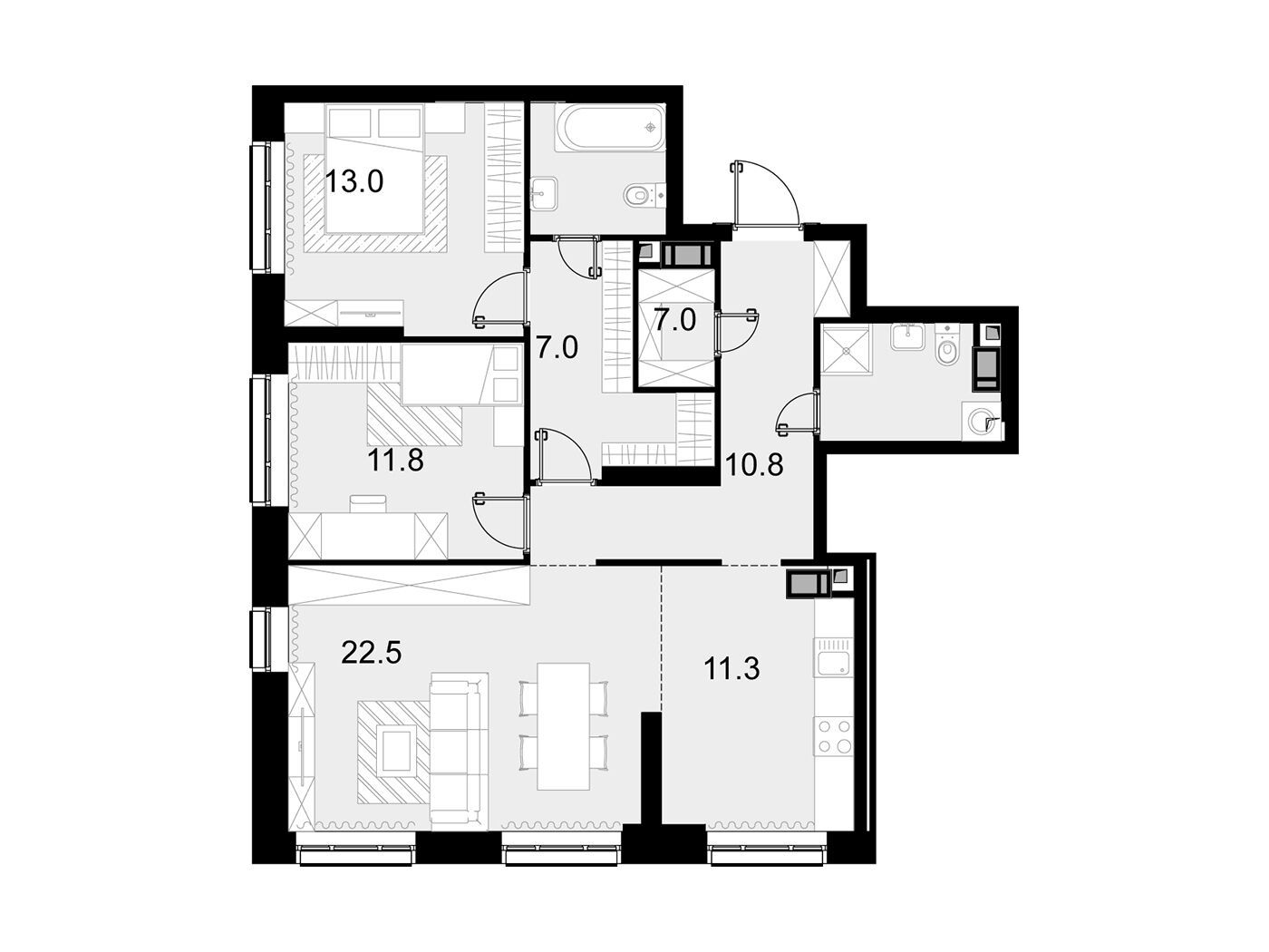 Планировка: 3-комн. квартира 86.80 м² в новостройке Трилогия Кристалл
