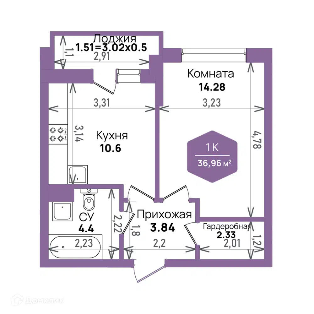 Планировка: 1-комн. квартира 36.96 м² в новостройке Левада