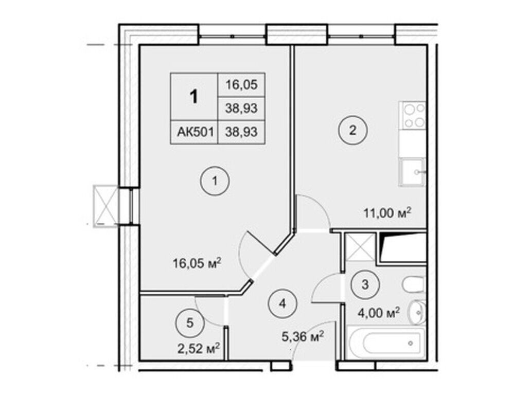 Планировка: 1-комн. квартира 38.90 м² в новостройке Экоград Новый Катуар