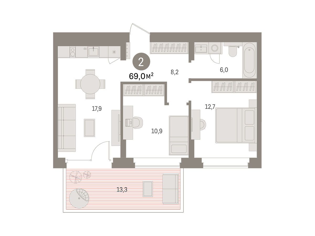 Планировка: 2-комн. квартира 69.00 м² в новостройке Брусника в Новоселье