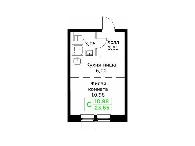 Планировка: Студия 23.70 м² в новостройке Кит 2