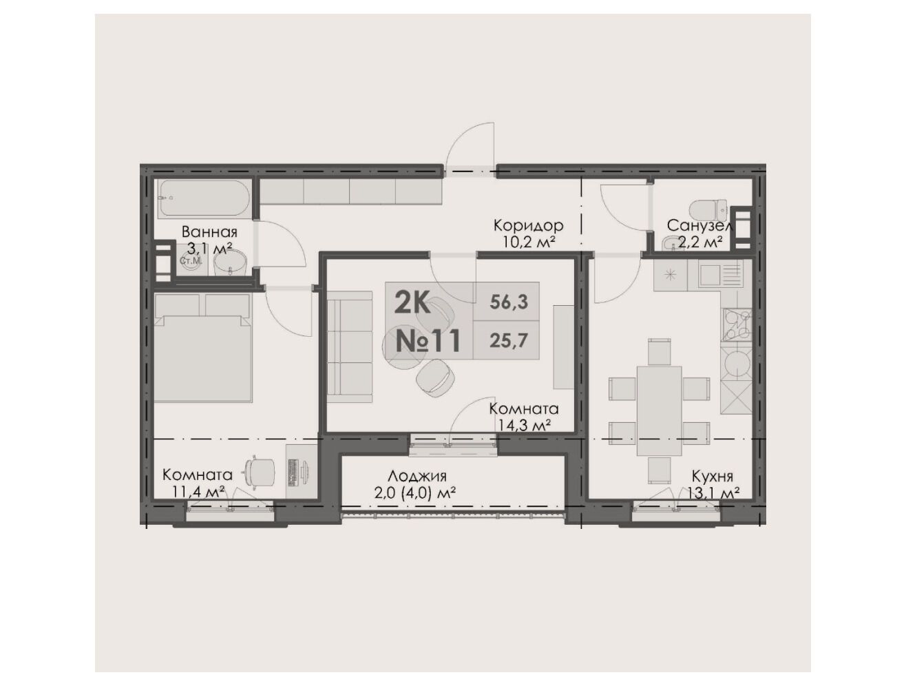 Планировка: 2-комн. квартира 56.30 м² в новостройке На Большом Смоленском