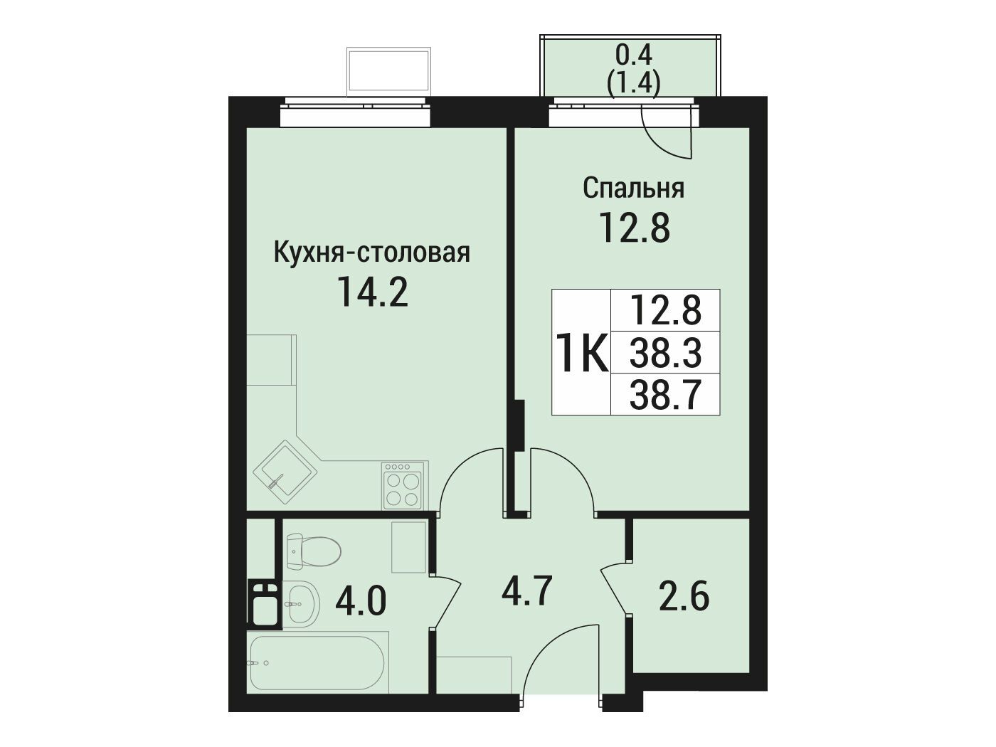 Планировка: 1-комн. квартира 38.70 м² в новостройке Дом в Малаховке