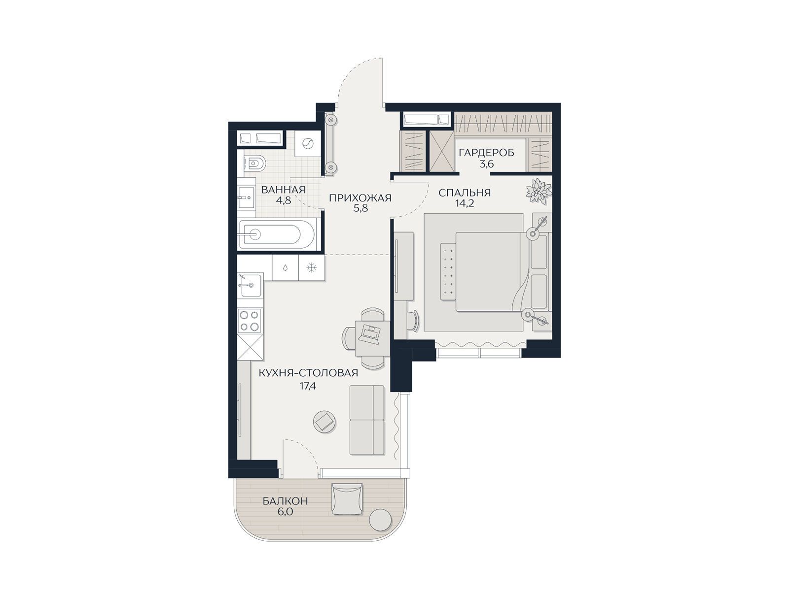 Планировка: 2-комн. квартира 51.80 м² в новостройке Кутузов Сити