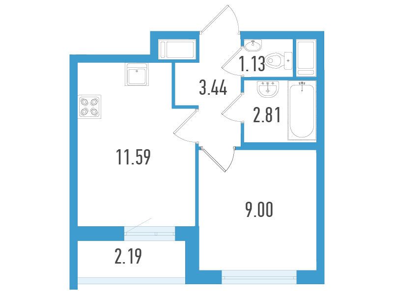 Планировка: 1-комн. квартира 28.63 м² в новостройке ЖК Южный форт