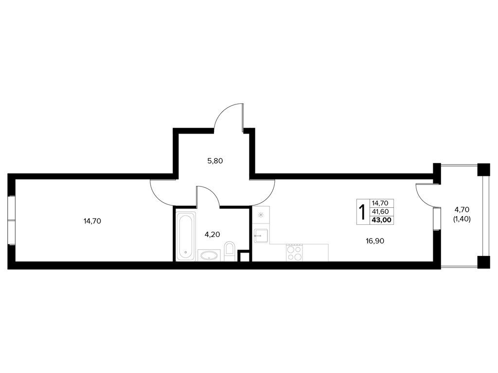Планировка: 1-комн. квартира 43.00 м² в новостройке Кипарис