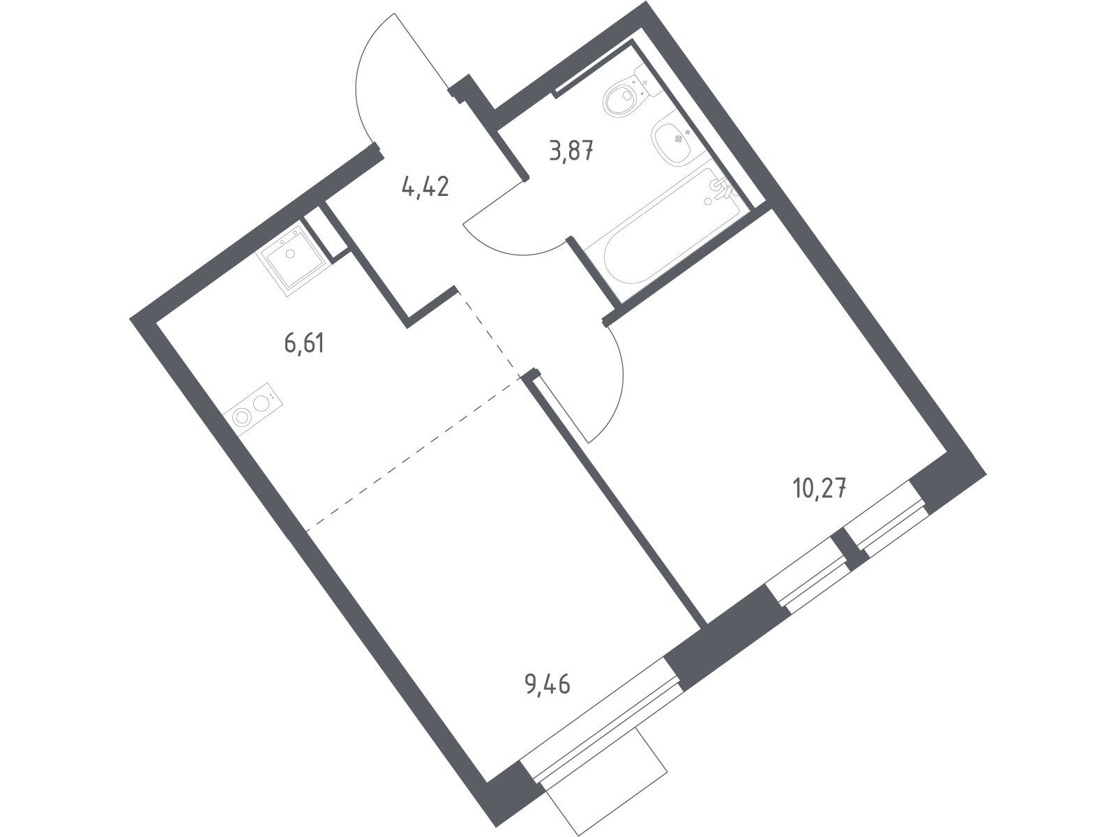 Планировка: 1-комн. квартира 34.63 м² в новостройке Молжаниново