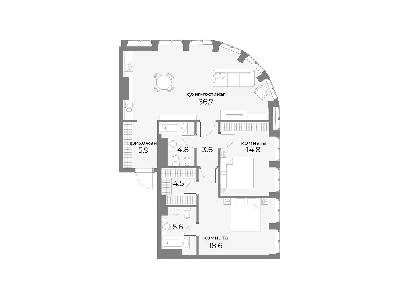 Планировка: 2-комн. квартира 94.50 м² в новостройке Скай Вью