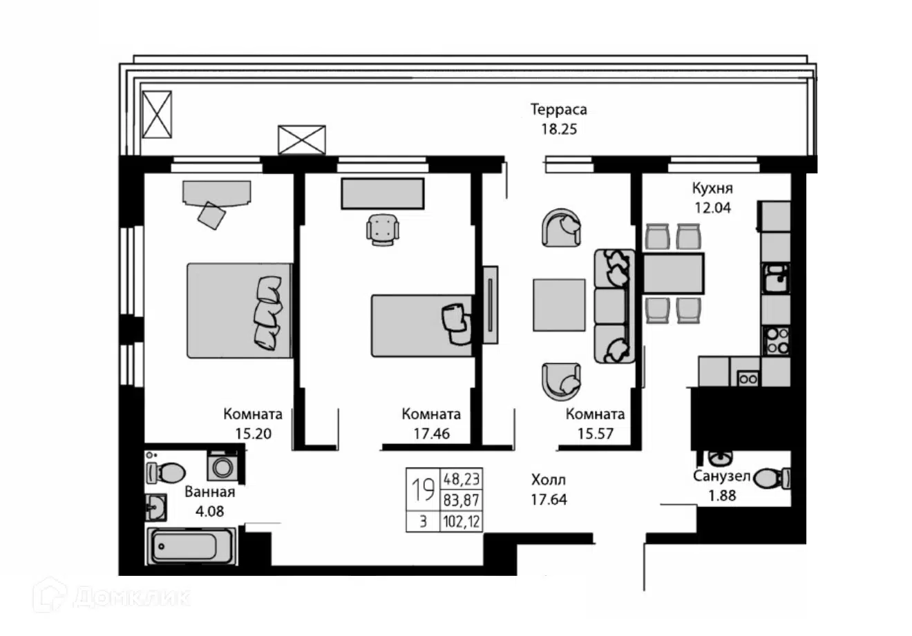 Планировка: 3-комн. квартира 102.12 м² в новостройке Ривьера