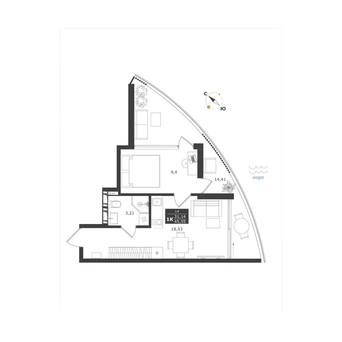 Планировка: 1-комн. квартира 45.55 м² в новостройке Паруса мечты