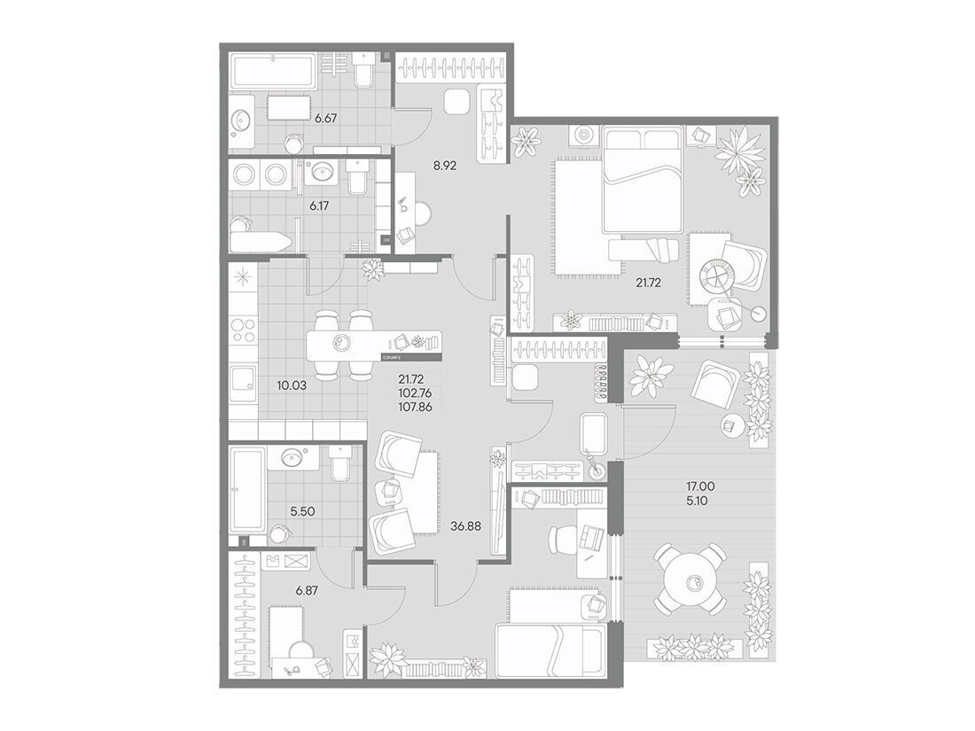 Планировка: 2-комн. квартира 105.90 м² в новостройке Амо