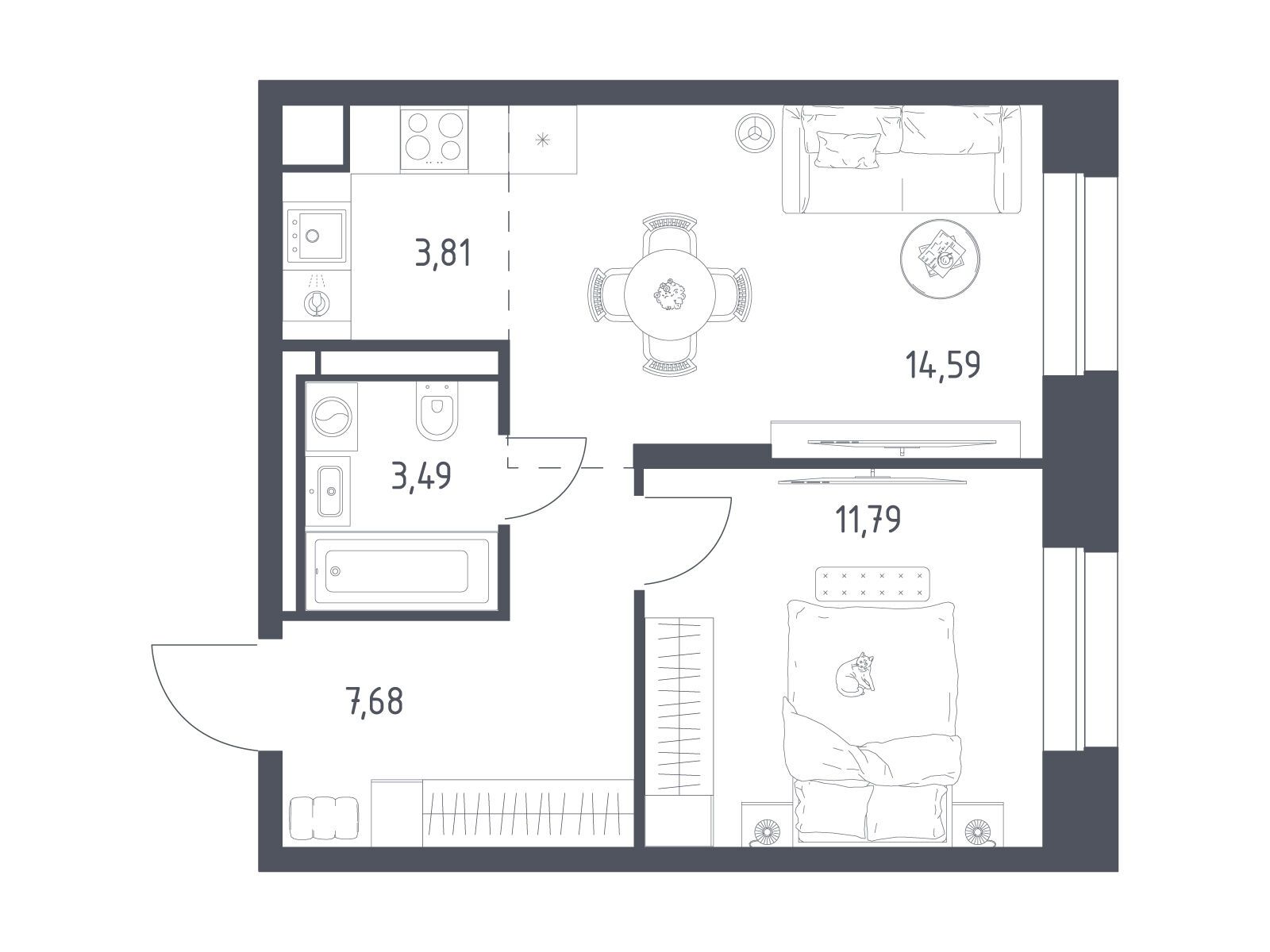 Планировка: 1-комн. квартира 41.36 м² в новостройке Верейская 41