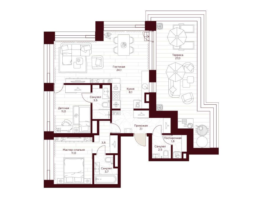 Планировка: 2-комн. квартира 84.40 м² в новостройке Дом 7 Даниловский