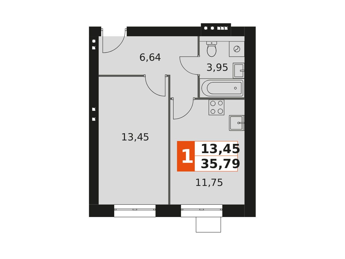 Планировка: 1-комн. квартира 35.79 м² в новостройке Мартемьяново Клаб