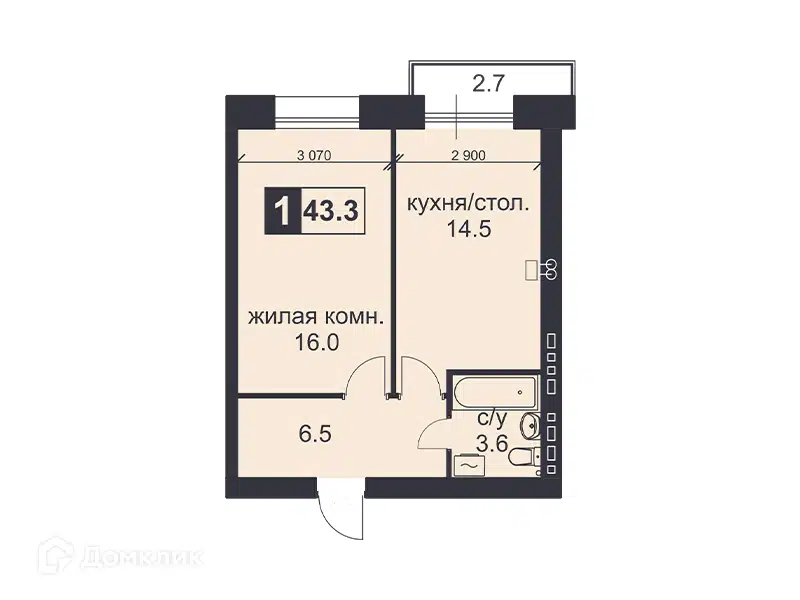 Планировка: 1-комн. квартира 43.30 м² в новостройке Михайловский