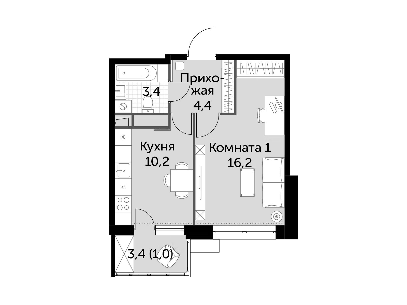 Планировка: 1-комн. квартира 35.20 м² в новостройке Датский квартал