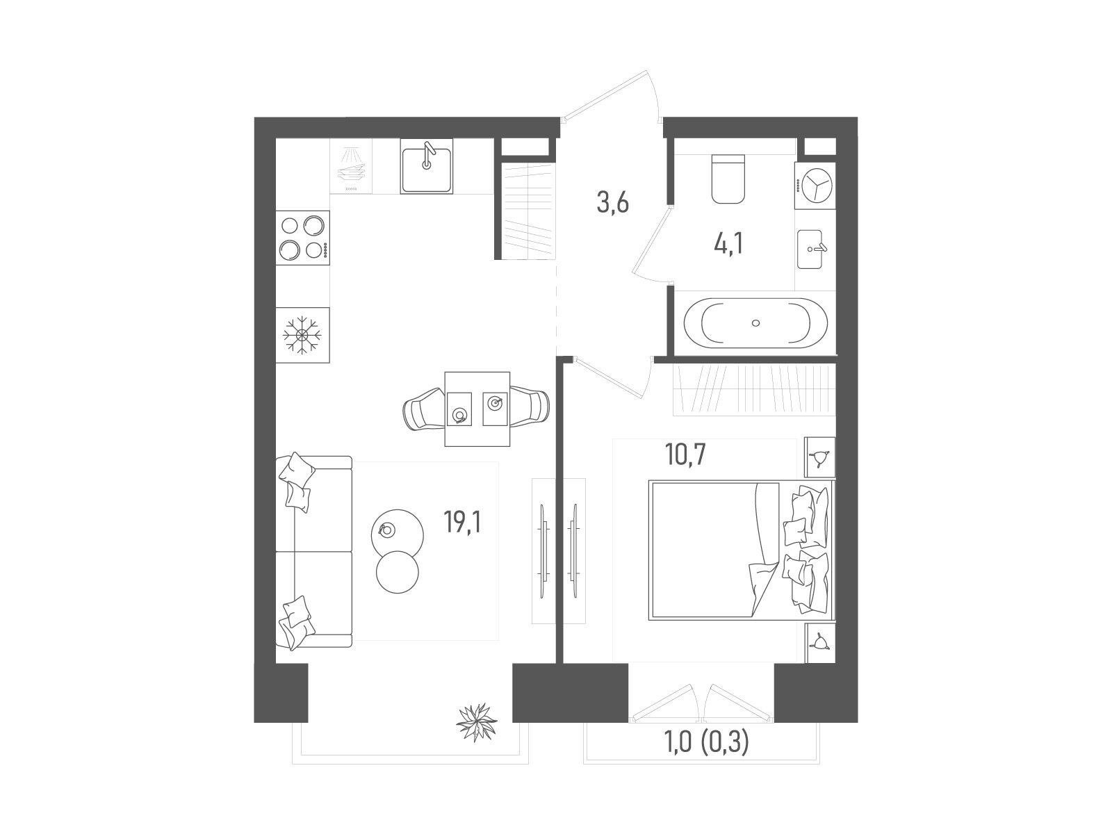 Планировка: 1-комн. квартира 37.80 м² в новостройке Татум