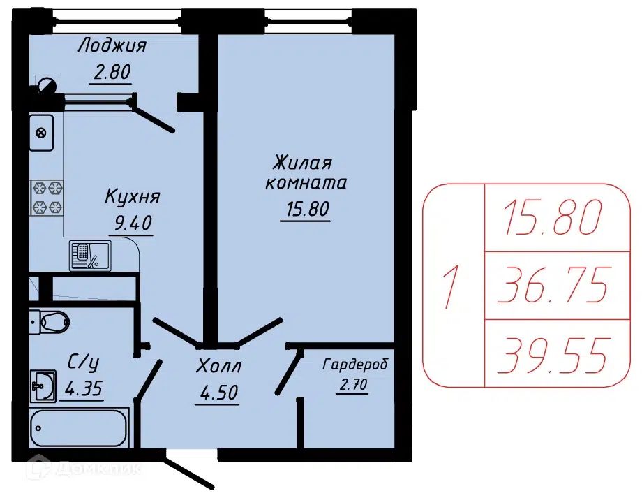 Планировка: 1-комн. квартира 39.55 м² в новостройке 40 лет Октября